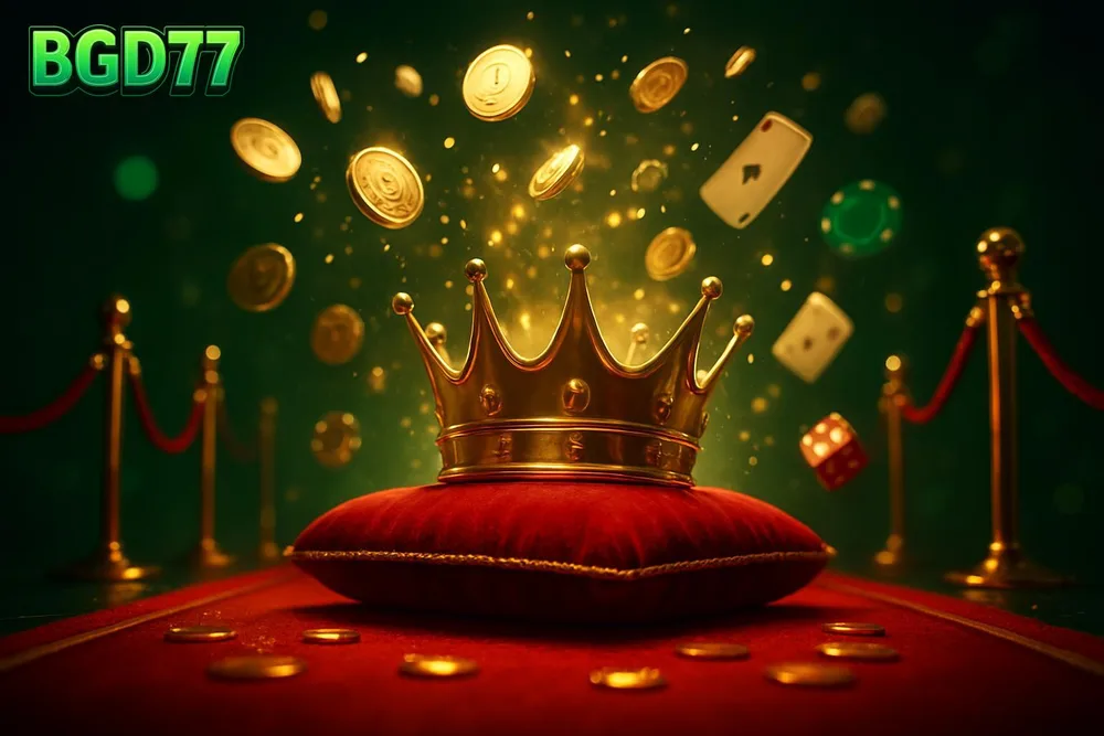 BGD77 App Download — golden crown on velvet cushion beside red carpet