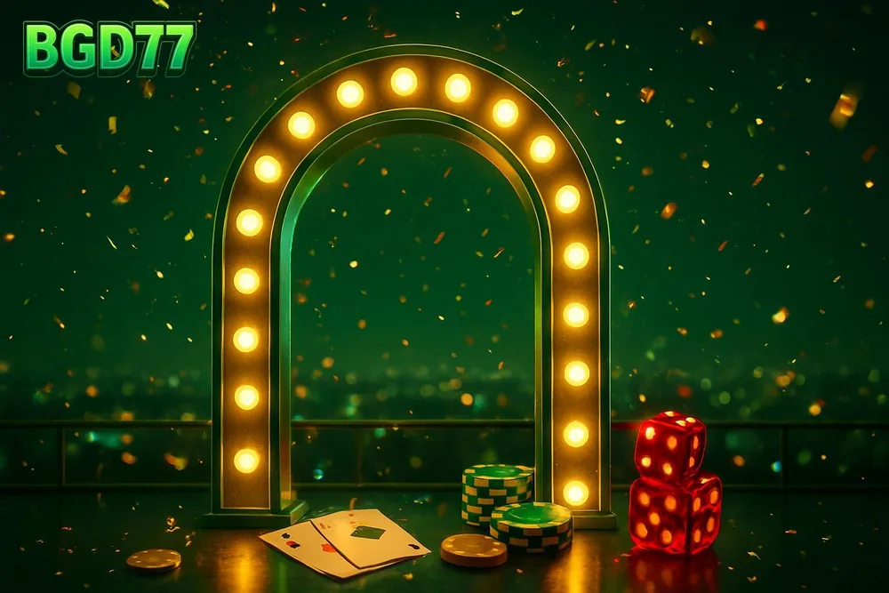 BGD77 Aviator Game — glowing bulb marquee arch on rooftop over city lights