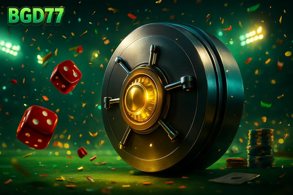 BGD77 bKash Deposit — A steel vault door with a glowing golden dial half open with coins, cards and chips