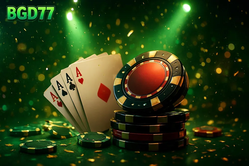 BGD77 Cricket Betting — fanned cards and chips on confetti-lit stage