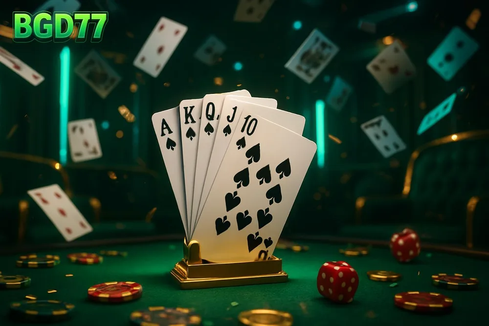 BGD77 Bangladesh — royal flush fanned in gold holder as cards fly past