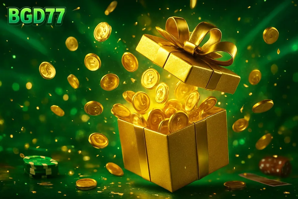 BGD77 Signup Bonus — golden gift box bursting with coins in mirrored hall